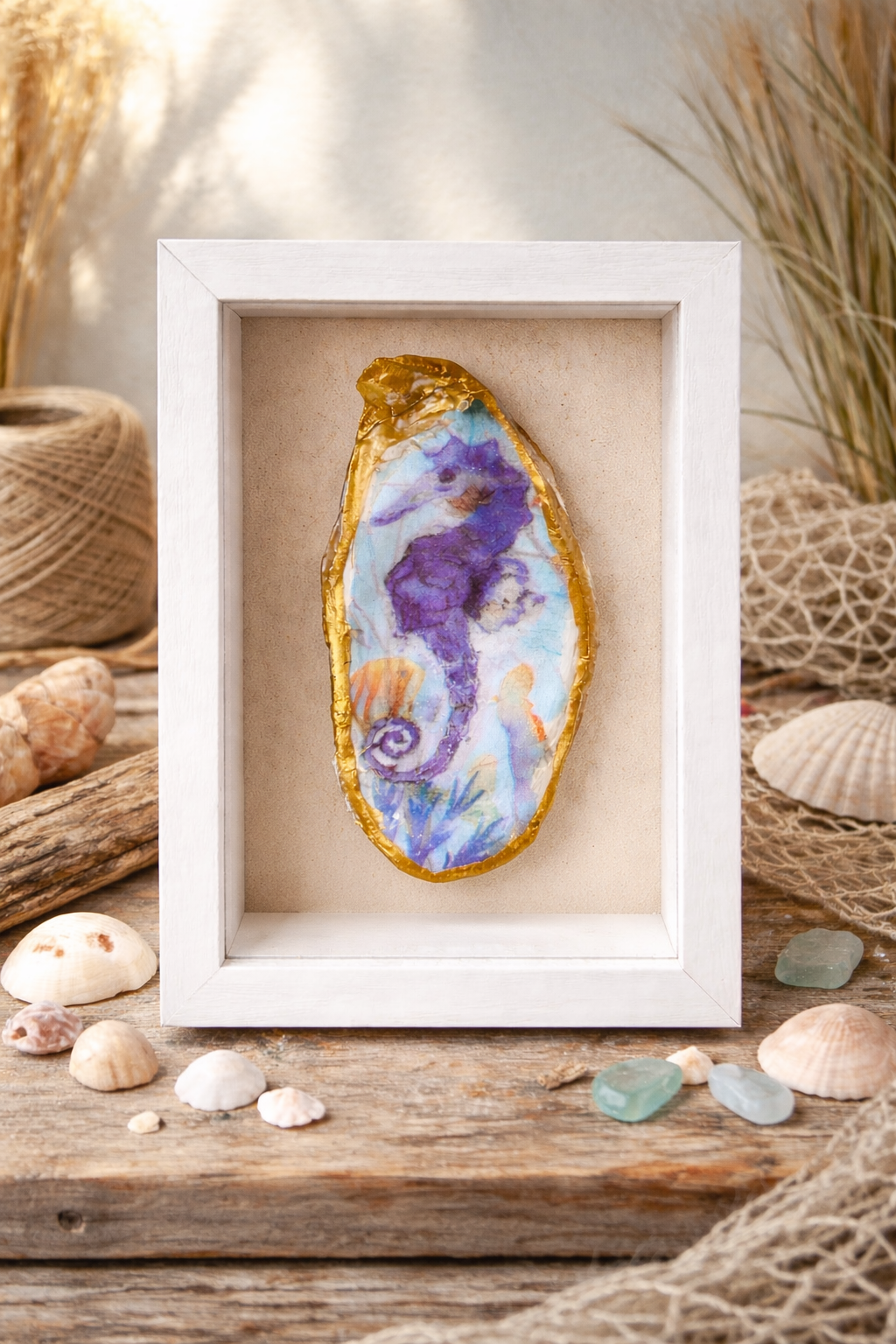 Handcrafted Seahorse Oyster Shell Shadow Box – 5” x 7” Coastal Wall Decor | One-of-a-Kind Art