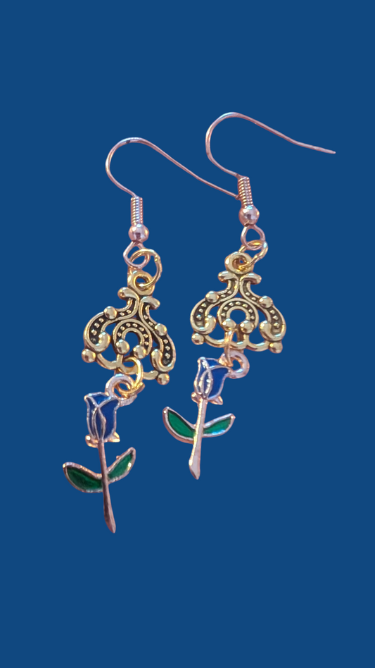 Blue rose dangle earrings